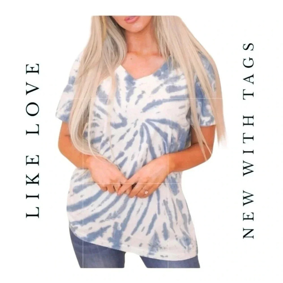 0655. LIKE LOVE SHORT SLEEVE TOP BLUE/WHITE TIE DYE PATTERN SIZE SMALL COTTON - Picture 1 of 10